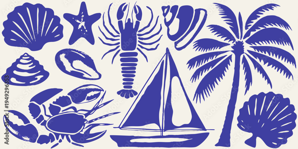 Fototapeta premium Nautical themed illustrations featuring shells crabs and a sailboat