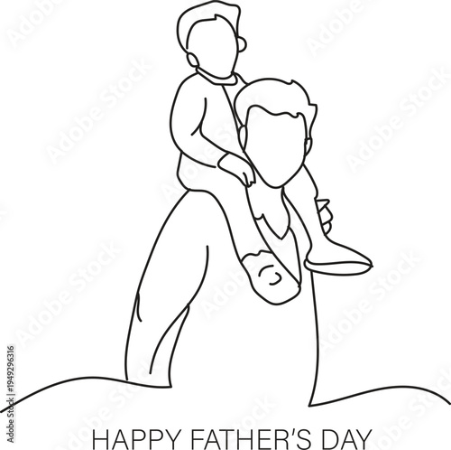 Happy Father's Day Continuous One Line Drawing of Dad Carrying Child on Shoulders