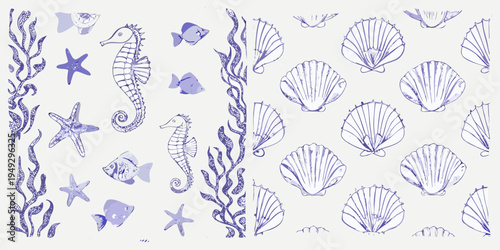 A delicate blue sketch featuring marine life and ocean elements