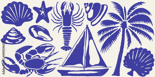 Nautical themed illustrations featuring shells crabs and a sailboat