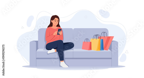 Woman sitting on sofa with shopping bags, using smartphone for online shopping