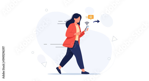 Woman walking and using smartphone, sending message, wifi connection, modern lifestyle