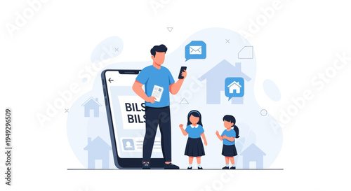 Father managing family bills on smartphone with kids nearby, modern illustration