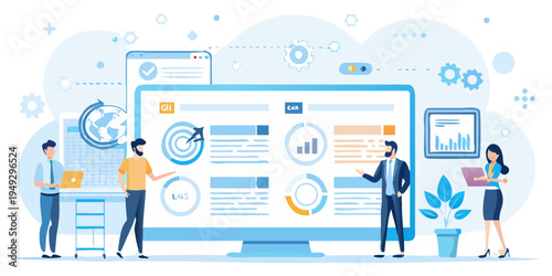 Team collaborating around a large screen displaying data analytics