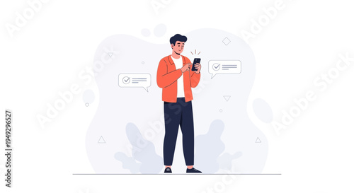 Man checking phone with notifications, modern flat illustration