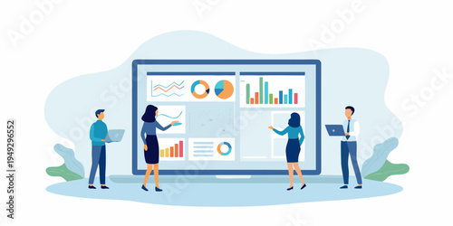 Team analyzing data visualizations on a large digital display screen