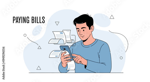 Man Paying Bills Online Using Smartphone and Receipts
