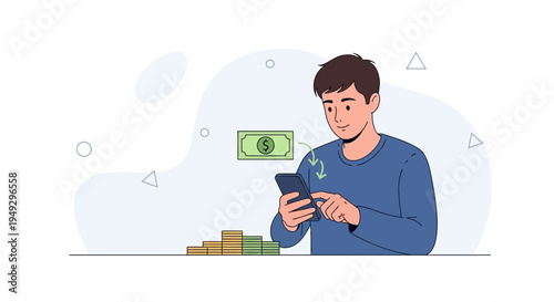 Man using smartphone for online money transfer, coins and banknote illustration