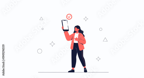 Woman holding smartphone with checkmark, concept of success, approval, and technology