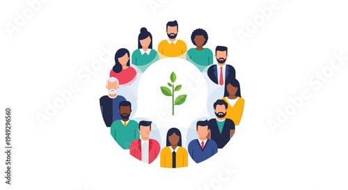 Diverse Group Circles Green Sprout: Community, Collaboration, Growth & Sustainability