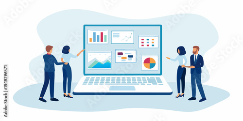 Team analyzing data visualizations displayed on a large laptop screen