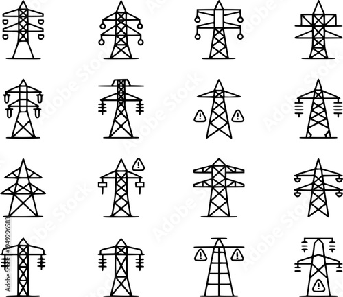 Collection of black and white line representing electricity pylons and transmission towers