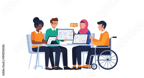 Diverse and Inclusive Business Team Collaborating on Digital Project. Multicultural Professionals Discussing UX/UI Design, Technology & Innovation in a Modern Office Meeting.