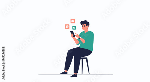 Man Using Smartphone with App Icons Floating Around