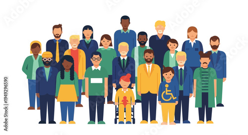 Diverse People United: Inclusive Global Community. Equality, Diversity, and Inclusion in Modern Flat Vector Illustration Style.