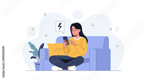 Woman sitting on couch with low battery phone, feeling frustrated