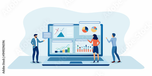 Team analyzes data and charts displayed on a large computer screen