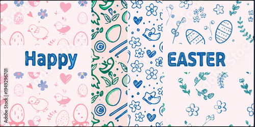 Colorful easter pattern with chicks eggs flowers and festive lettering