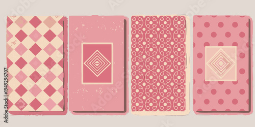Four rectangular cards with vintage pink patterned designs displayed closely