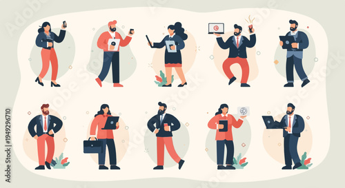 Diverse business professionals in casual attire engage in mobile device use and work