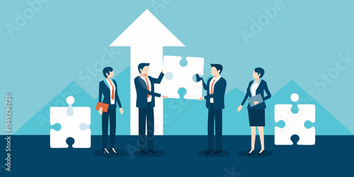 Business team connecting puzzle pieces towards growth and successful solutions
