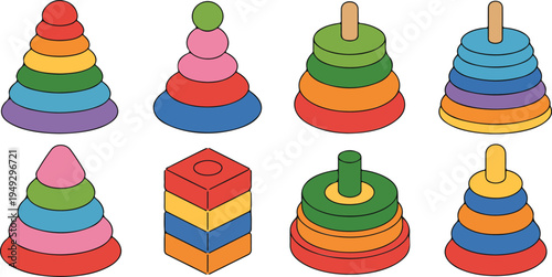 Colorful stacking toys arranged in various formations on white background representing children learning development and educational play vector illustration