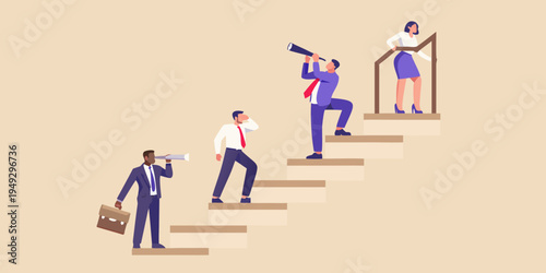 People climbing stairs looking through telescopes and envisioning future success