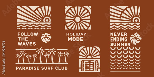 Retro summer designs featuring suns waves and palm trees