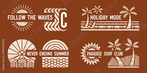 Vintage summer designs featuring waves sun and palm trees