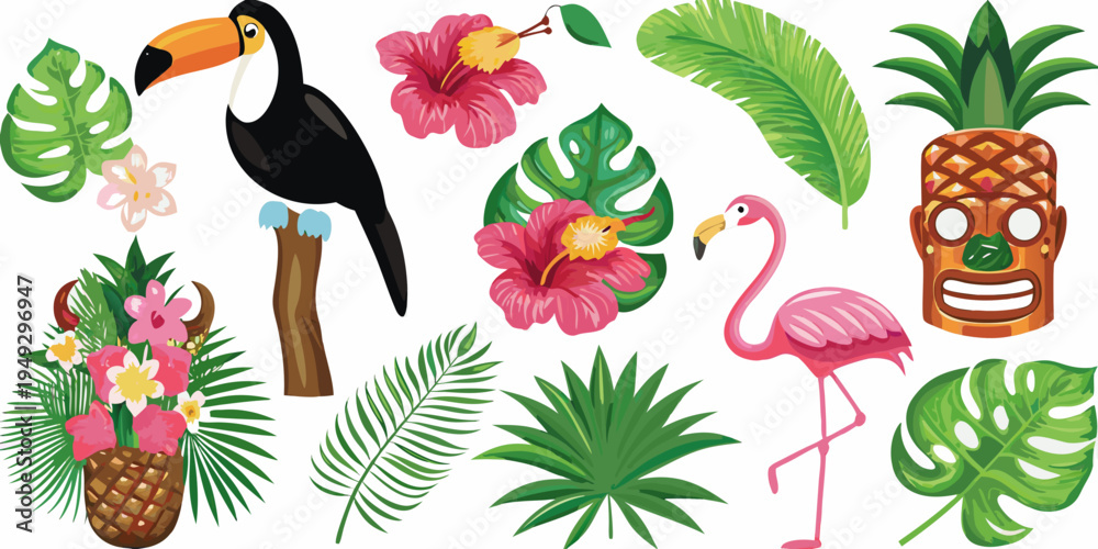 Fototapeta premium Tropical illustration featuring a toucan flamingo hibiscus and lush foliage