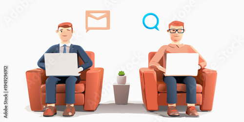 Two businessmen using laptops in armchairs with email and speech bubbles