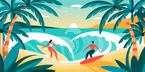 Surfers riding waves under palm trees on a vibrant tropical beach
