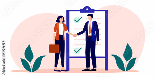 Business professionals shake hands in front of a checklist board