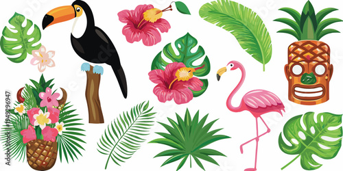 Tropical illustration featuring a toucan flamingo hibiscus and lush foliage