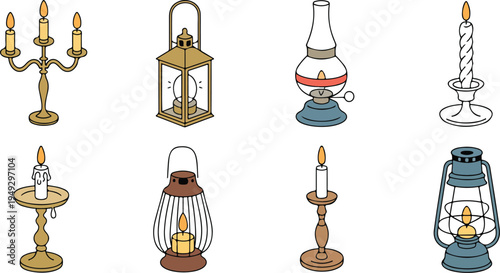 Collection of vintage lighting objects including candlesticks lanterns and single candle in classic antique style vector illustration