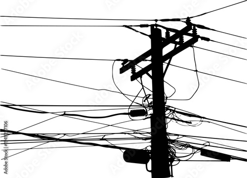 Silhouette of tangled electrical wires and utility pole against a stark white background