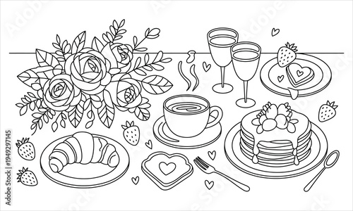 Delightful outline illustration showcases a lavish breakfast or brunch spread with sweet treats and drinks