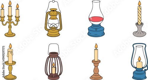 Collection of vintage lighting objects including candlesticks lanterns and single candle in classic antique style vector illustration
