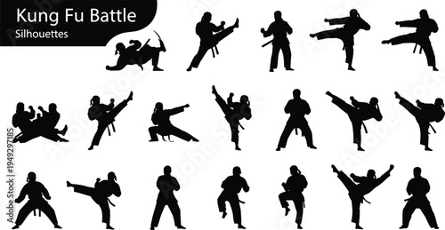 Kung fu battle silhouettes collection, martial arts fighters kicking punching and fighting poses set, karate combat training silhouettes isolated for sport design