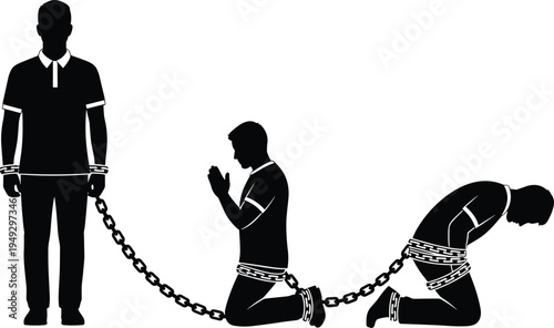 Silhouettes of three men connected by heavy metal chains representing generational trauma, systemic bondage, mental health struggles, and human slavery concept