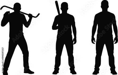 Aggressive Man Silhouette Set Holding Crowbar and Baseball Bat, Male Criminal Figure Collection, Dangerous Gangster Outlines, Thug Vector Illustration Assets