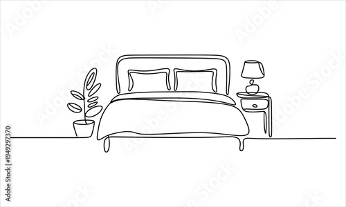 Elegant one line drawing depicts a cozy bedroom scene complete with a bed bedside table and plant