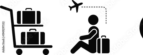 Airport travel icons including luggage cart with suitcases, passenger waiting with baggage, and airplane flight path for transportation and tourism.