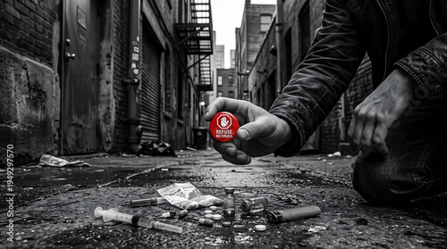 Anti drug awareness campaign image with red refuse button held over urban debris