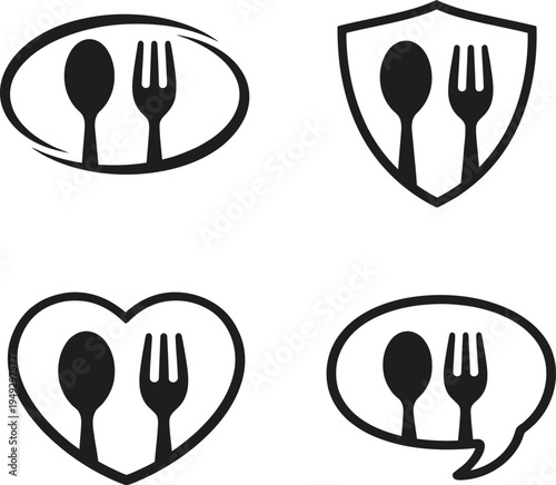 Set of four restaurant and food line icons with spoon and fork symbols in different shapes including circle, shield, heart and speech bubble. Minimal black outline design isolated on white background.