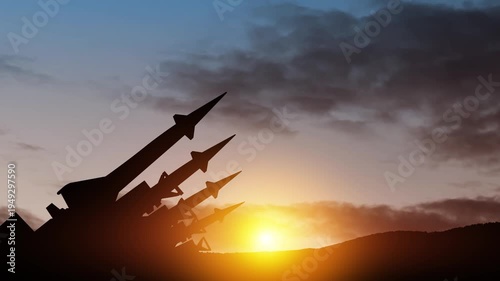 The missiles are aimed to the sky at sunset. Nuclear bomb, chemical weapons, missile defense, a system of salvo fire.