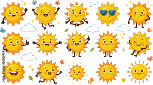 Cute Cartoon Sun Character Collection with Happy Smiling Sun Faces, Funny Weather Mascots with Clouds, Butterflies and Nature Elements Illustration Set