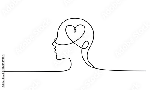 Emotional continuous line drawing of a human head in profile with a loving heart inside