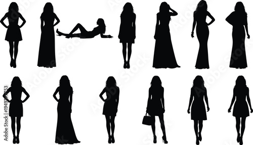 Diverse woman silhouette set featuring fashion models in dresses, evening gowns, casual outfits, walking, and posing for beauty and lifestyle concepts.
