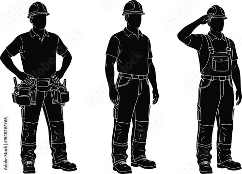 Construction worker silhouette set featuring builder with tool belt, engineer in hard hat, and handyman saluting in professional work uniform.